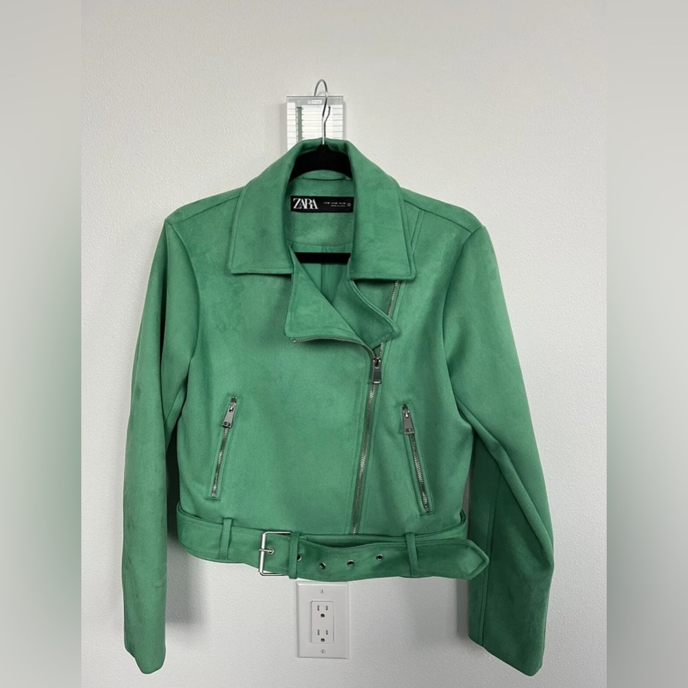 ZARA GREEN FAUX SUEDE BIKE JACKET WITH Zippers And Belt Size M
